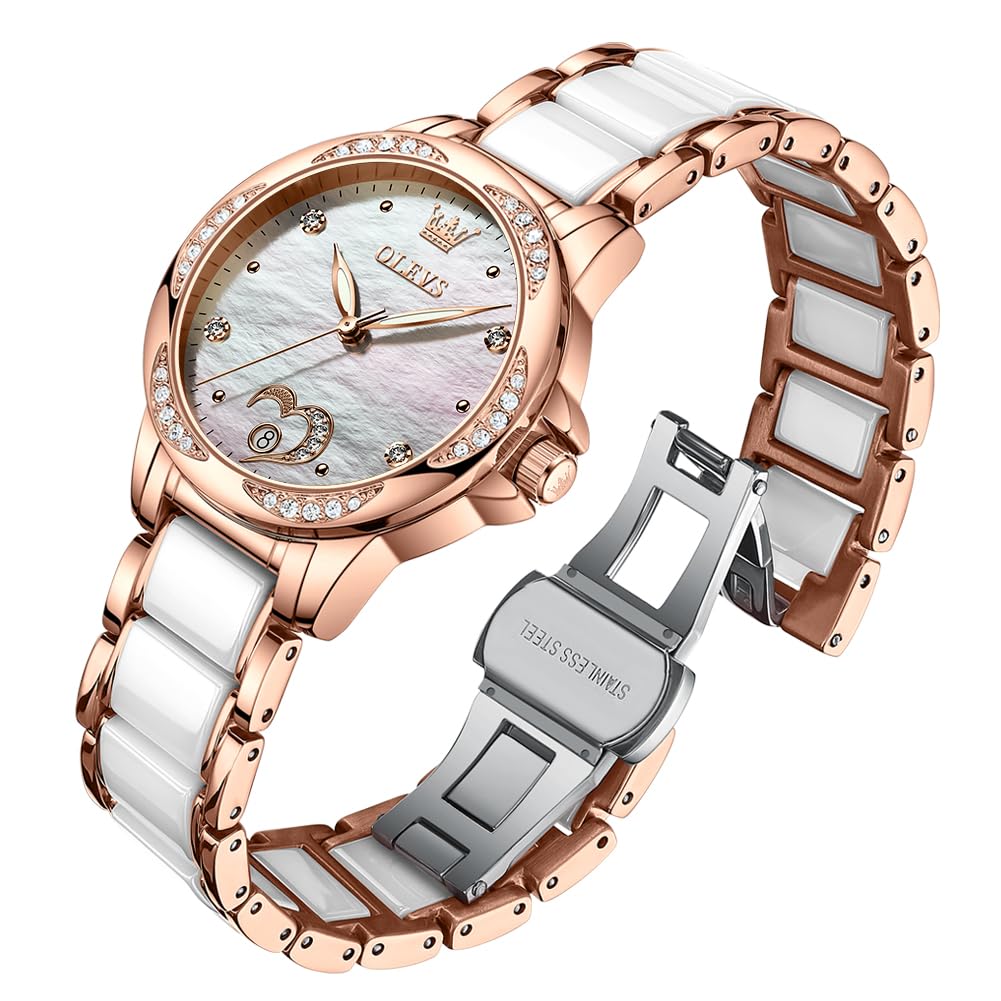 OLEVS Orologio da donna automatico a carica automatica, in oro rosa con diamanti, orologio da polso in ceramica bianca per donne Love Heart Date, Quadrante bianco, orologio automatico