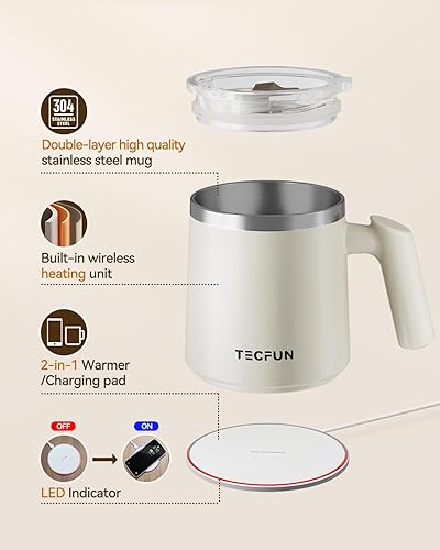 Miniatura 5 de TECFUN Calentador de taza de café, calentador de tazas 2 en 1 y cargador inalámbrico, taza de café de 12 onzas con tapa, calentador de taza de café