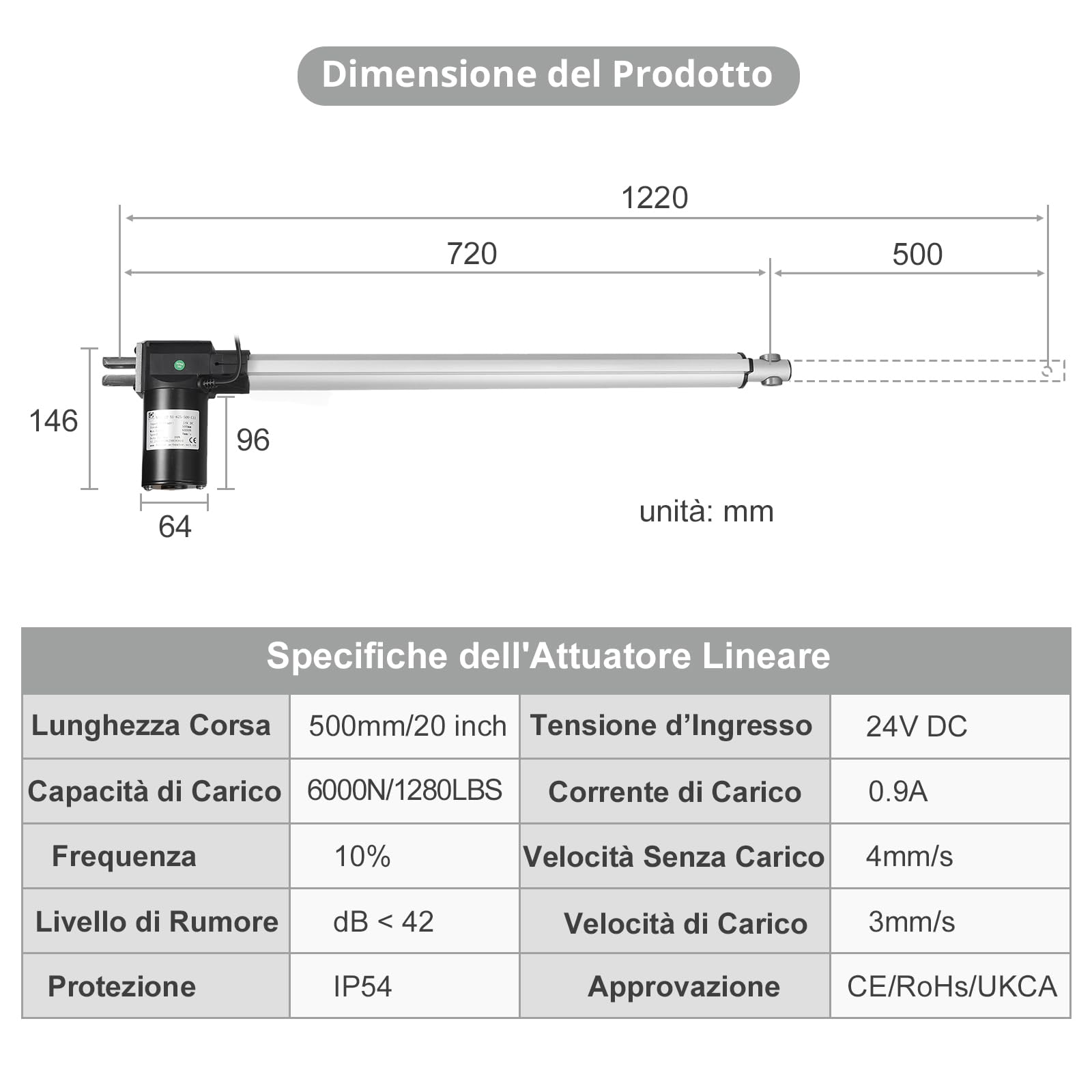 Justech Attuatore Lineare Motore Elettrico Multifunzione DC 24 V Massimo Sollevamento 6000N-500mm con Corsa Massima per Automobile Medica Apriporta Elettrici ECC