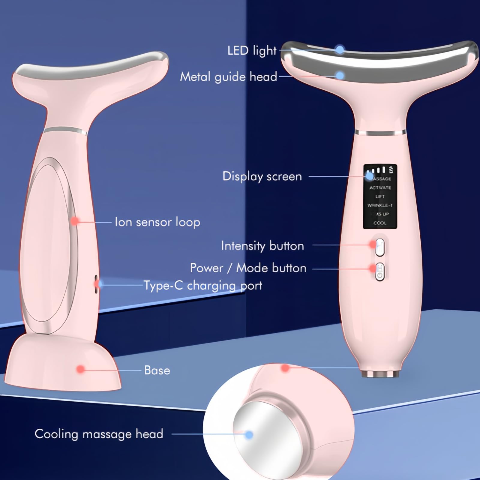 Masajeador facial y de cuello, terapia de luz roja para cara y cuello, vibración, refrigeración y funciones térmicas para el cuidado de la piel, dispositivo masajeador facial antienvejecimiento