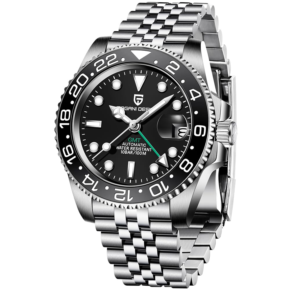 CADISEN Pagani Design GMT Fully Automatic Mechanical Men's Watch 40MM Date 100M Waterproof Stainless Steel Submersible Rotating Ceramic Bezel Men's Sports Watch PD-1662 Jubilee full black