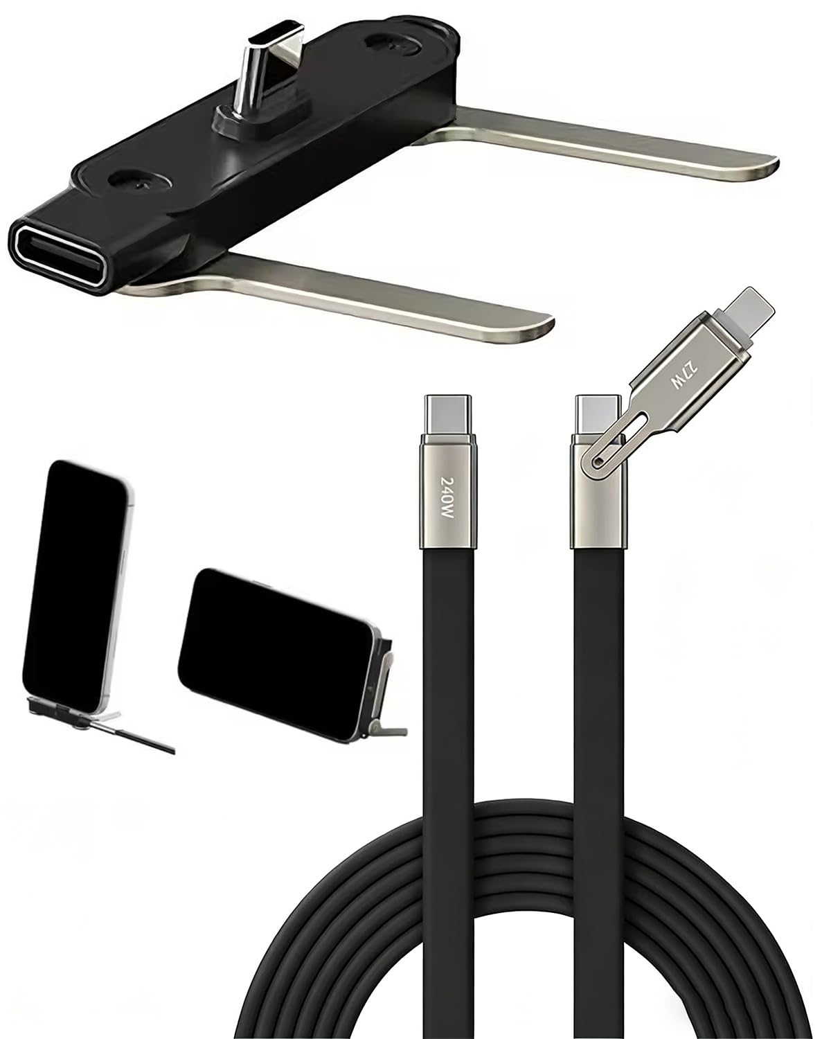 Cable de Carga Rapida 240W Soporte Plegable Telefono Movil, Desmontable 2 en 1 Tipo C, Cables Datos de Teléfono Plegables Invisible Portátil Automóvil Viajes Juegos (Orange Stand) — view 8