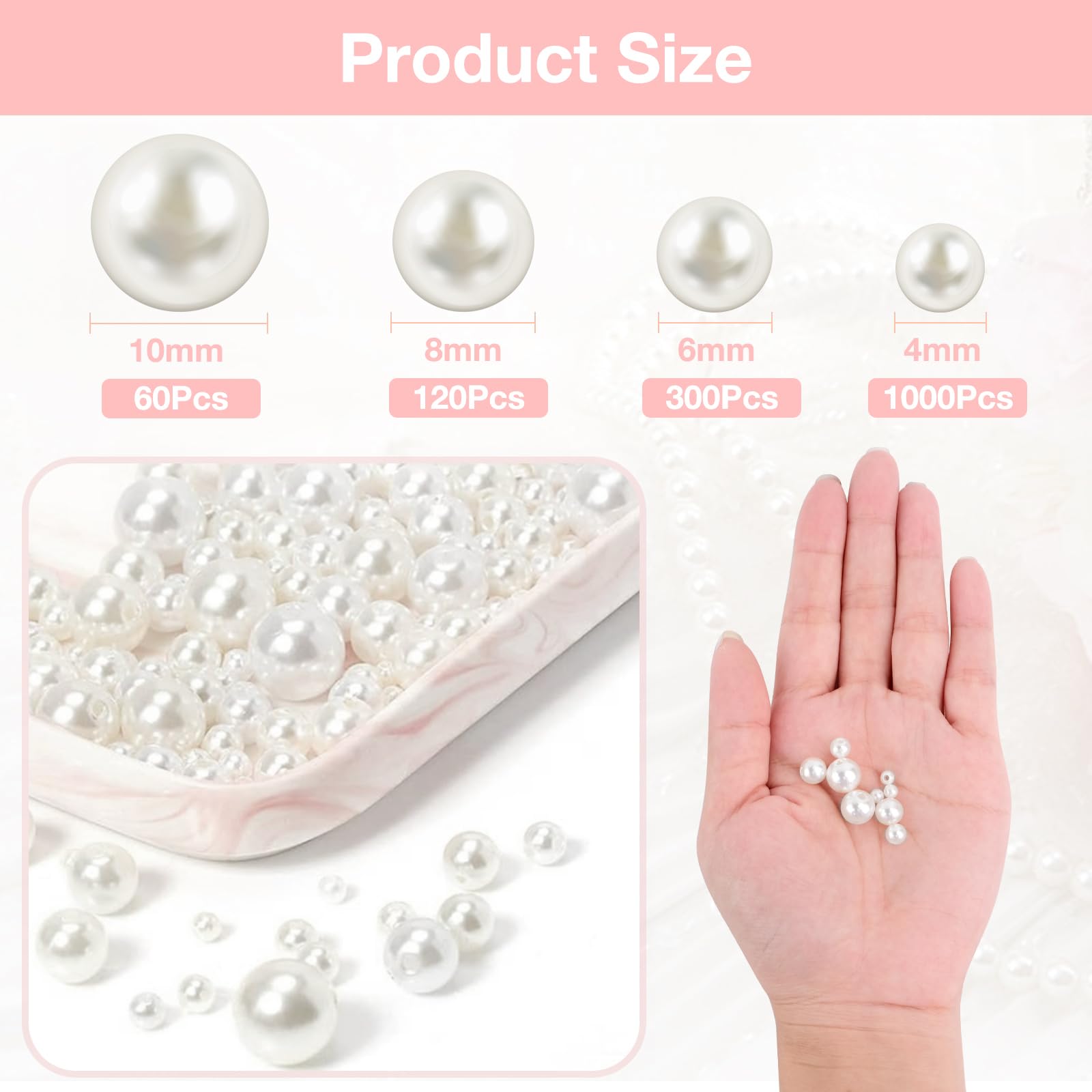 1480Pcs White Pearl Beads for Crafting 4 6 8 10mm Round Pearls Various Size Mixed Acrylic White Beads for Bracelet Jewellery Earring Necklace Making DIY - Image 2