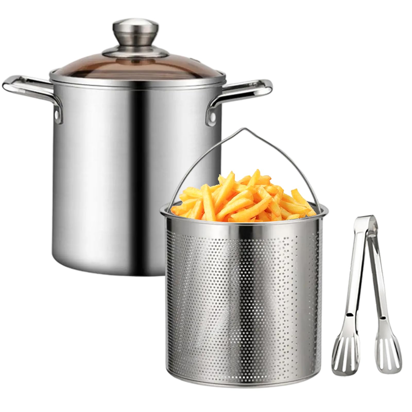 Yuehuam Deep Fryer Pot, Small Stainless Steel Deep Frying Pot with Frying Basket and Food Tongs, Fish Fryer Pot Japanese Tempura Fry Pot for Kitchen French Fries Chicken