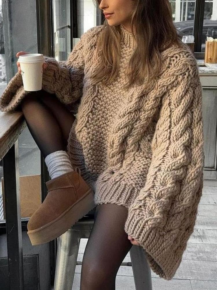 Women's Casual Oversized Sweaters Y2K Chunky Knit Pullover Tops Loose Sleeves Crew Neck Cable Knitted Sweater Tops - Image 3
