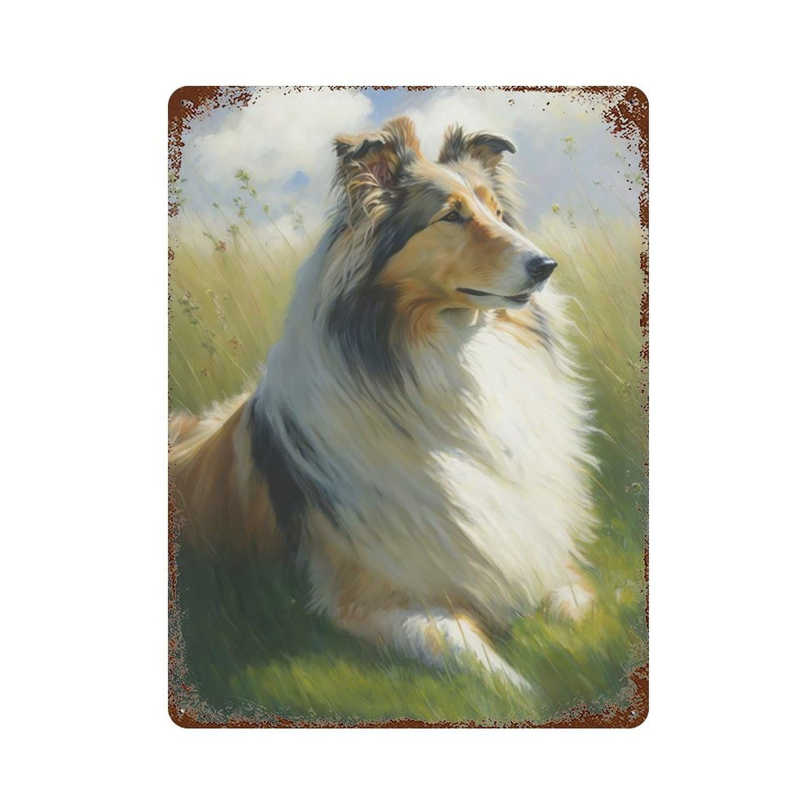 Aged Metal Wall Plaque with Rough Collie Style 3 Design 15.7"x11.8", for Basement, Hobby Room And Garage Decor, Classic Wall Plaque