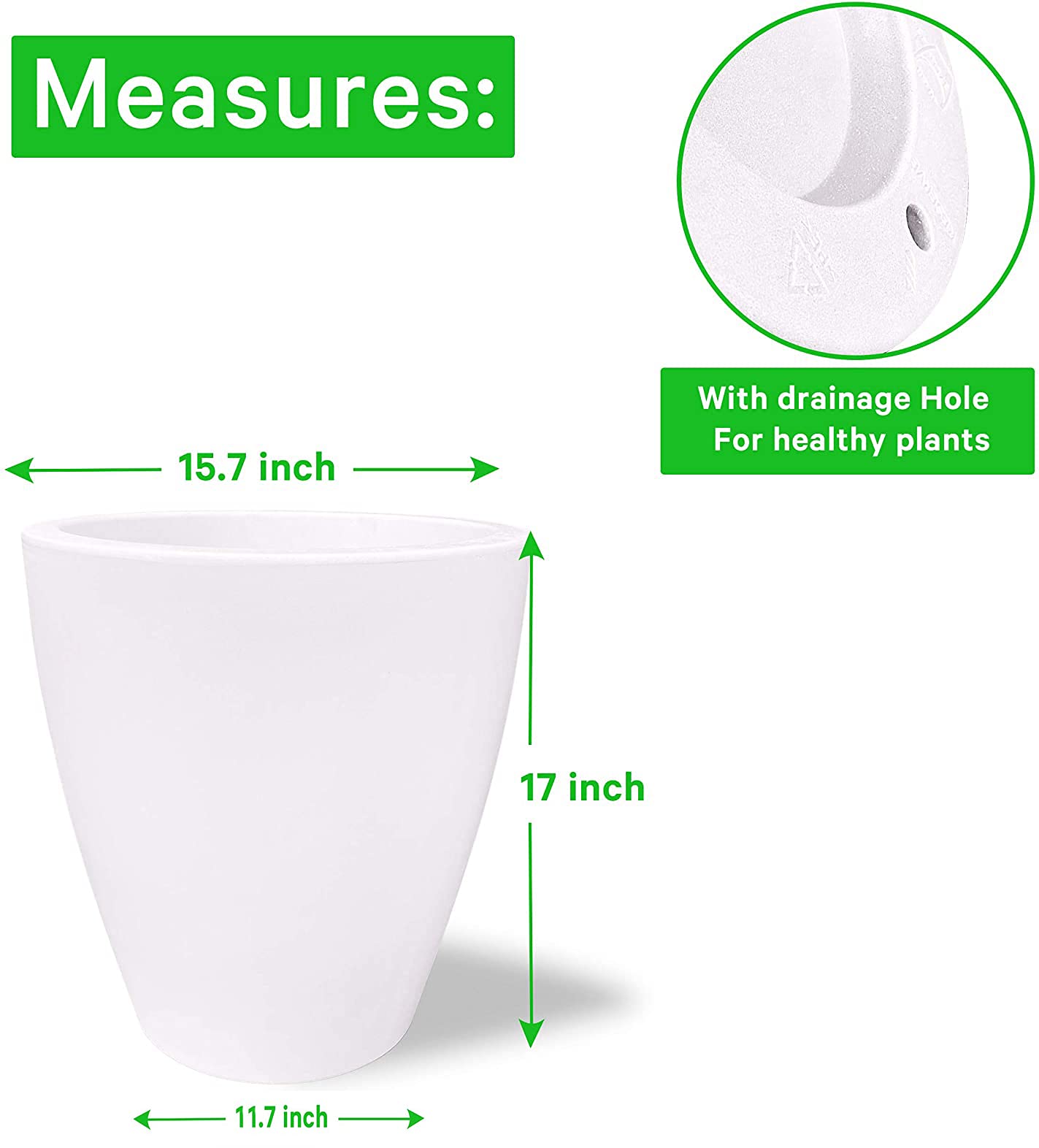 Elly Décor 17 inch Large Round Modern Garden Planter Pot with Drainage, Lightweight & Extremely Durable| for Patio Deck Indoor Outdoor Tree White, 17" x 16"