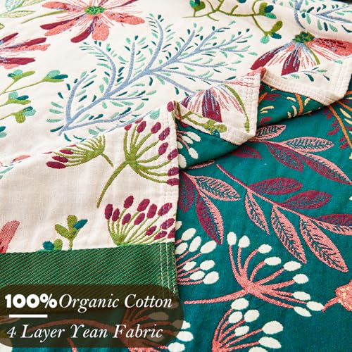 Image of VANJOROY Boho Throw Blanket, 100% Organic Cotton Breathable Ultra Soft 60 inch x 80 inch Bed Quilt Throw - All Season Floral Rustic Farmhouse Decor Luxury Reversible Blanket for Sofa Couch Chair and Gift
