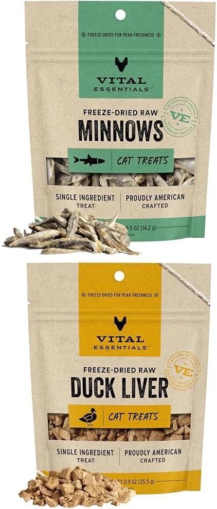 Vital Essentials Freeze Dried Minnows (0.5 oz) & Duck Liver (0.9 oz) Cat Treats Bundle