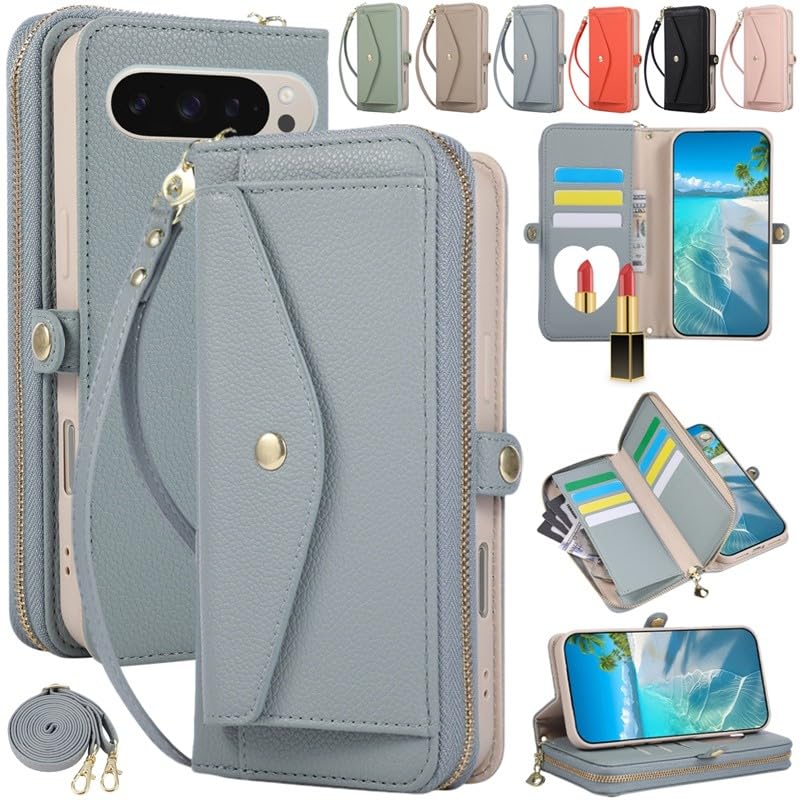 Housse Google Pixel 9 Pro XL en cuir bleu à fermeture éclair et finitions haut de gamme - 2