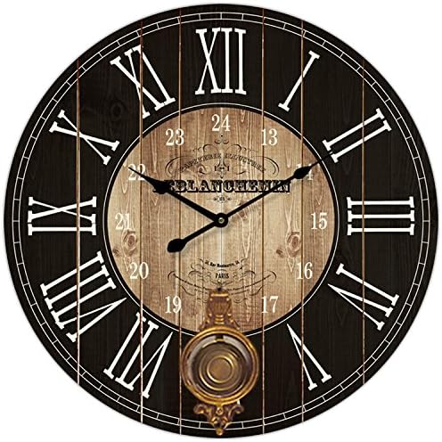 Round Brown and Black Paris Decorative Wall Clock with Big Roman Numerals Looks Like Distressed Wood Quartz Movement..0116