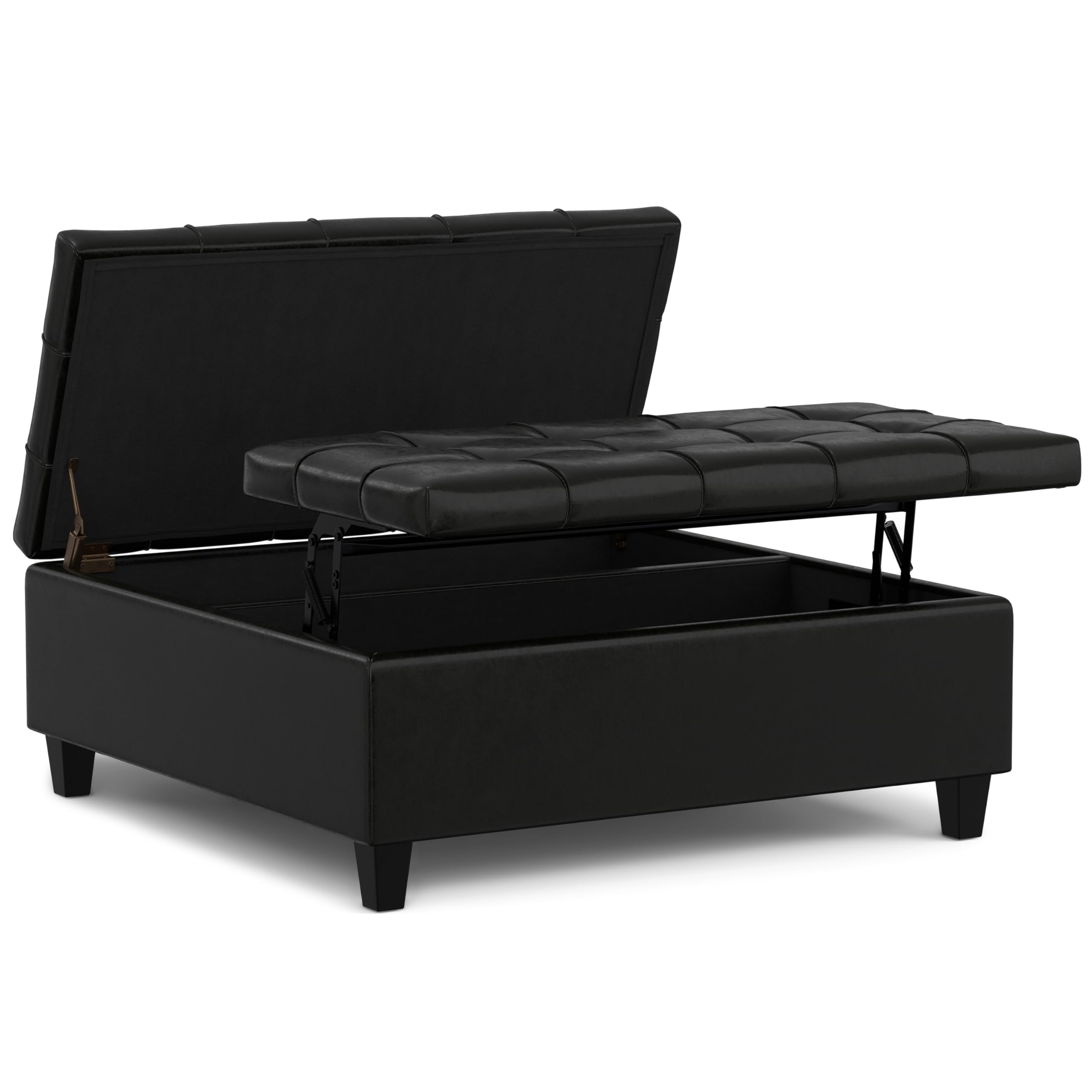simplihome harrison 40 inch wide transitional square large coffee table storage ottoman in midnight black vegan faux leather, assembled, for the living room and bedroom