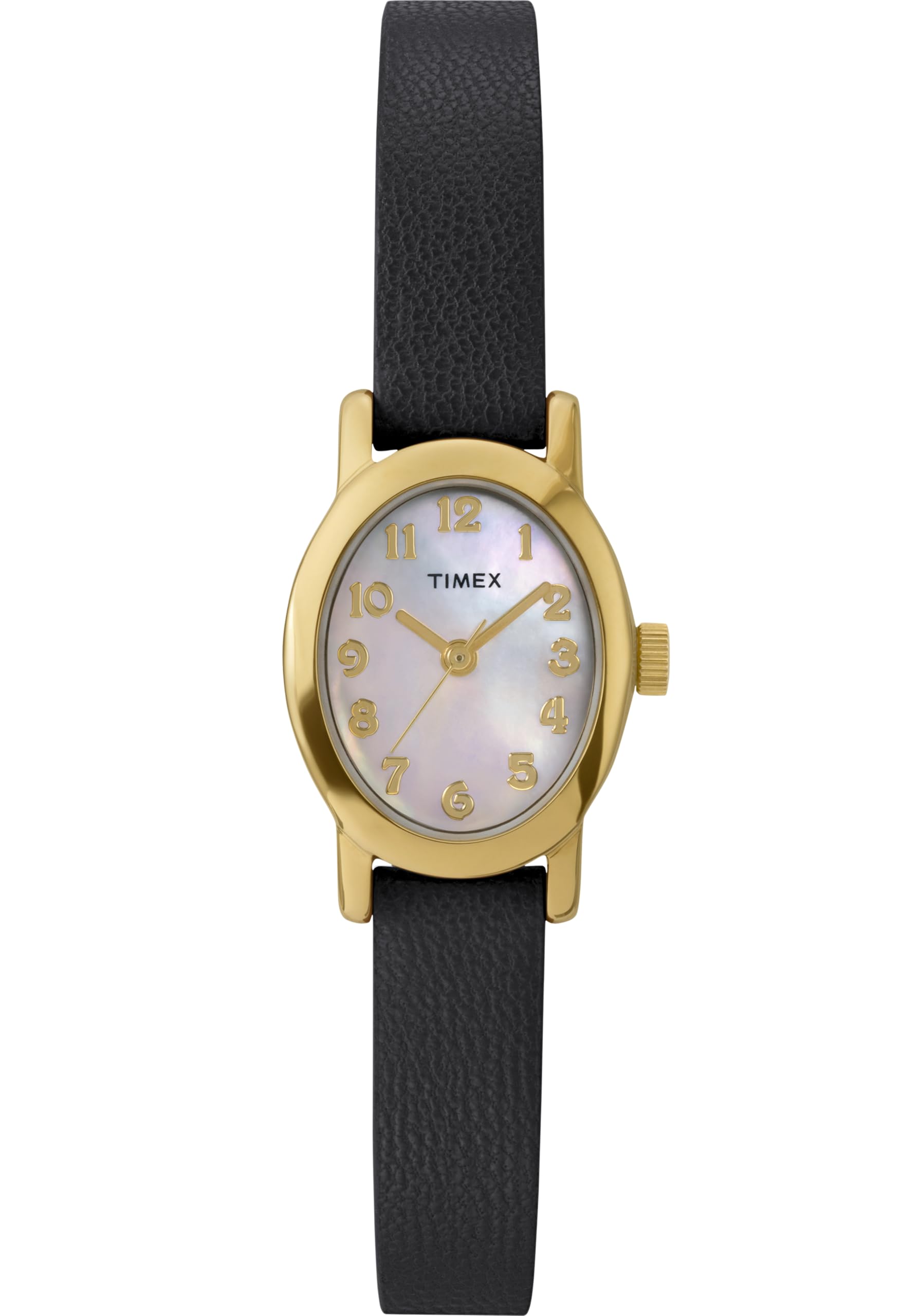 Timex Main Street Damen-Armbanduhr,18 mm, schwarzes Lederarmband, Perlmutt-Zifferblatt, goldfarbenes Gehäuse TW2W82600