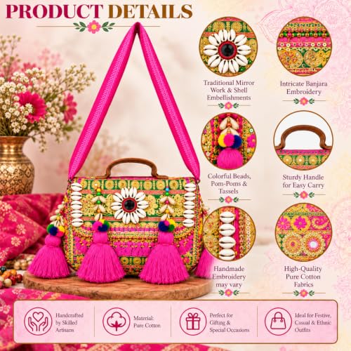 Image of MOMISY Handicraft Handmade Cotton Ethnic Rajasthani Embroidered Banjara Bags for Women Sling Clutch with Handle Purses for Ladies Girls