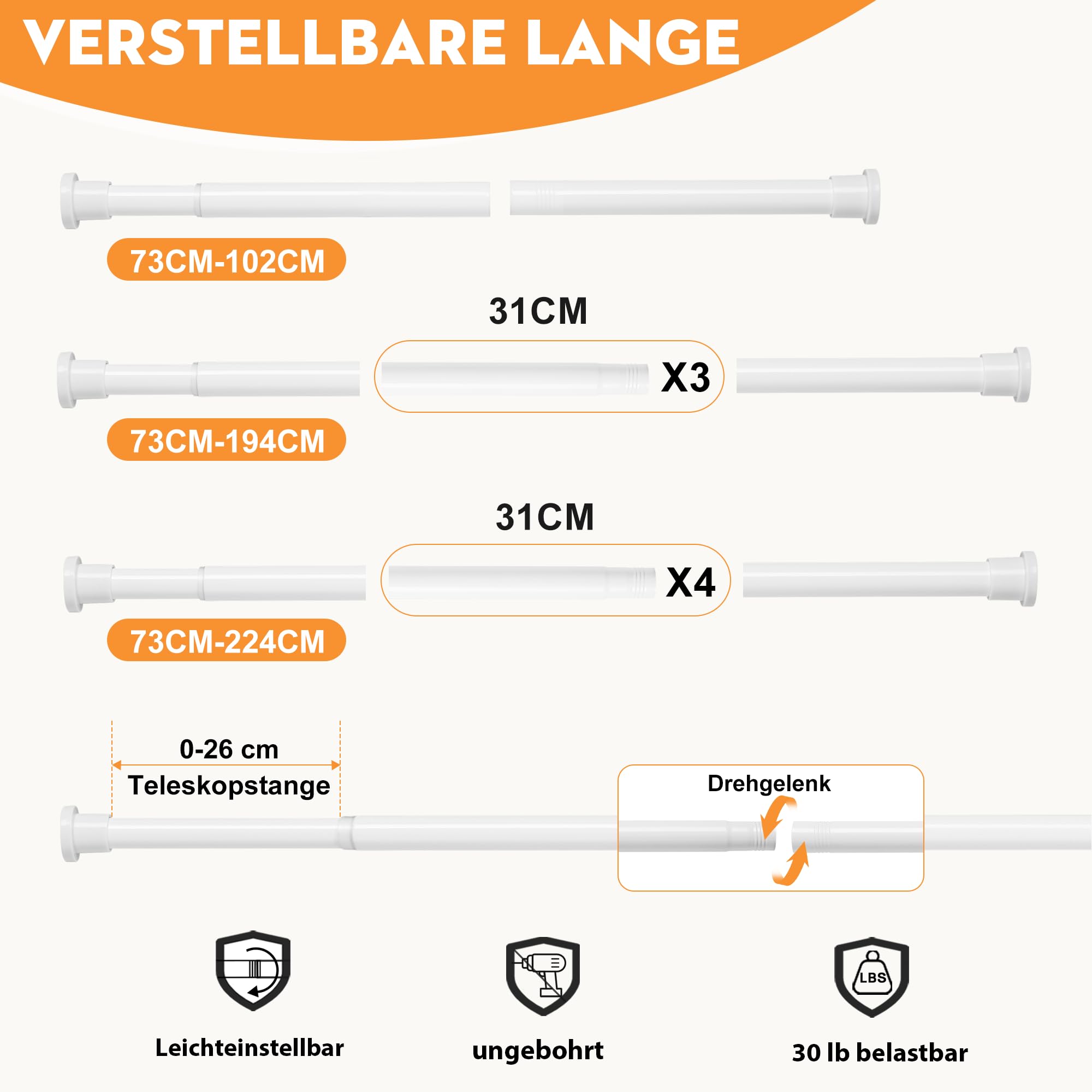 Bastone per Tenda da Doccia per Bagno 73-194cm, Palo per Tenda da Doccia Antiruggine per Negozio di Abbigliamento, Spazio Privato, Bianco