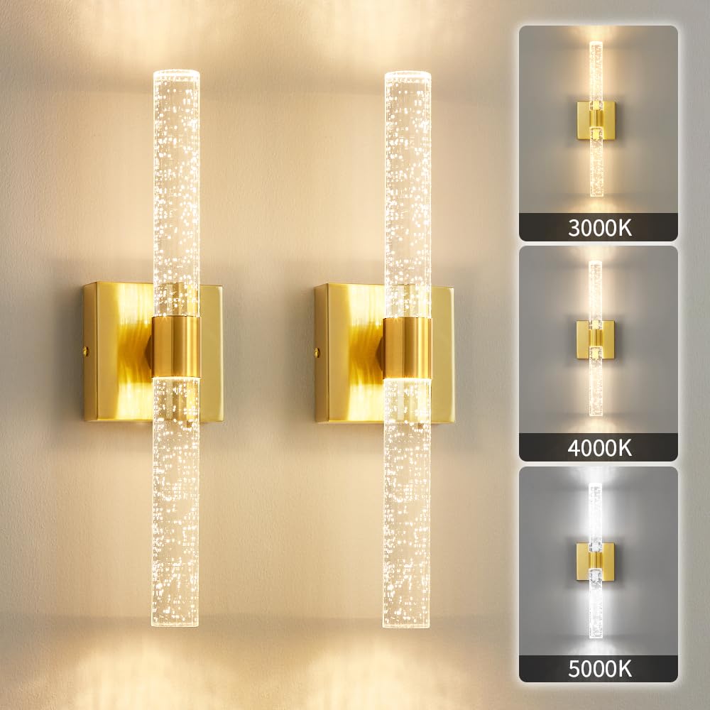 Biewalk Wall Sconces Sets of 2, Bathroom Vanity Sconces, 12W Dimmable LED Gold Crystal Modern Wall Sconce for Bedroom Living Room Corridor Kitchen