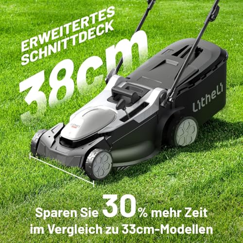 Litheli Akku Rasenmäher, 2 x 20V, 38cm Schnittbreite, Brushless, bis 300 m², 40L Fangkorb, 25-75 mm Schnitthöhe, Rasenmäher Akku inkl. 2 x 4,0 Ah Akkus 3