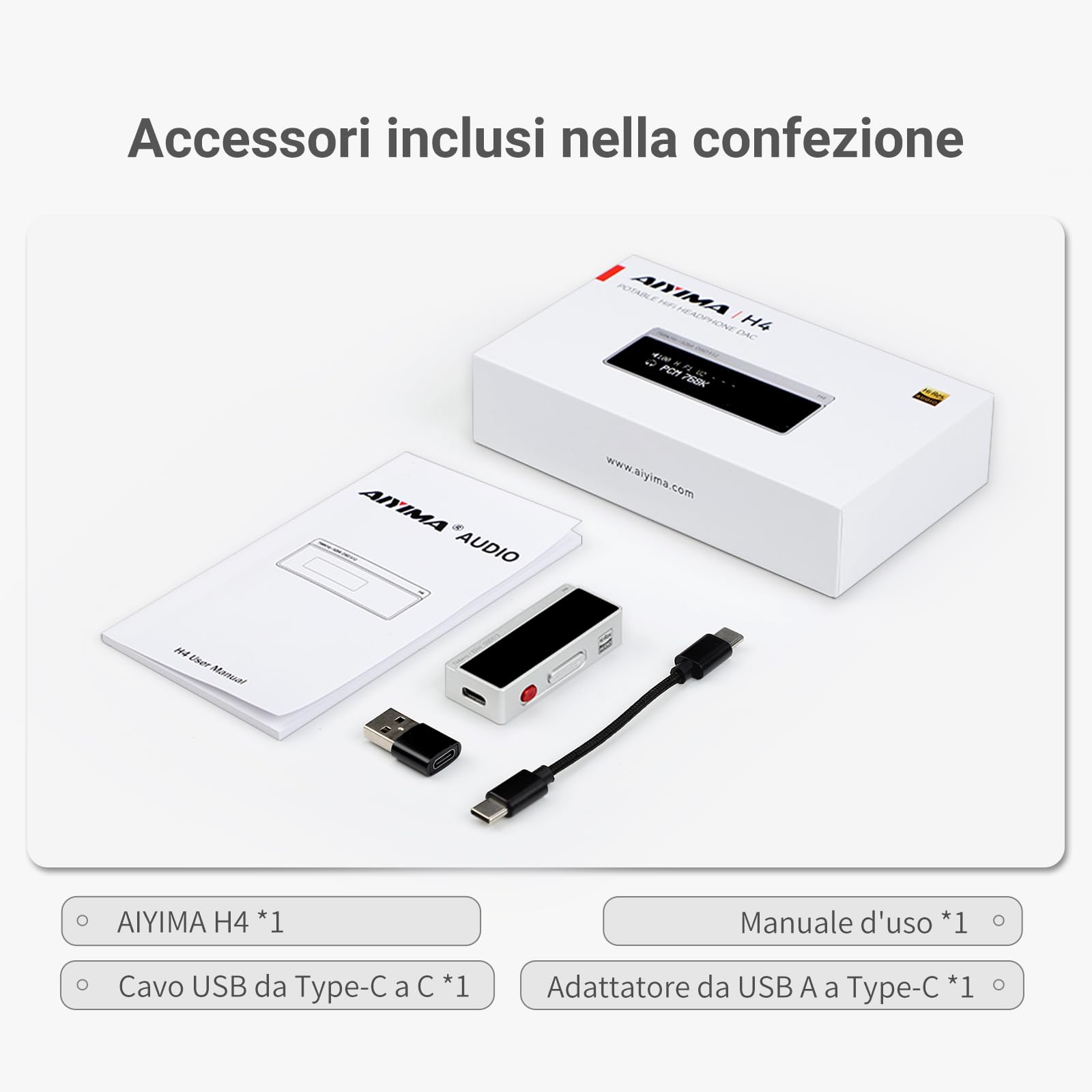 AIYIMA H4 amplificatore per cuffie DAC Hi-Fi portatile con USB-C, chip ES9039Q2M, doppia uscita cuffie (3,5 mm single-ended e 4,4 mm bilanciata), amplificatore DAC compatto con display per PS5/Switch