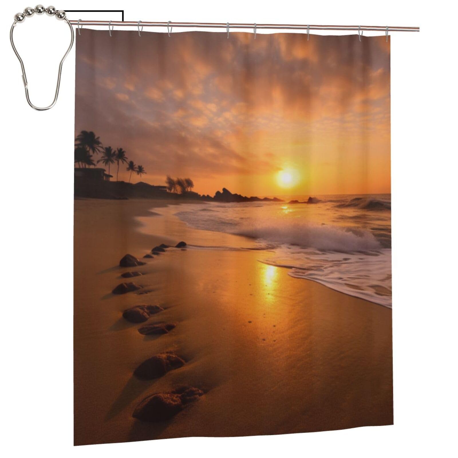 BWWHCCTI Beach Sunset Printed Shower Curtain With 12 Iron Hooks Opaque Quick Drying Waterproof Shower Curtains Sets For Bathroom 152x183 Cm