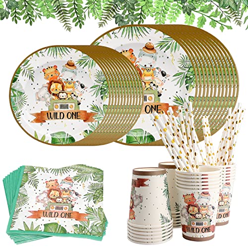 UMILKI Vajilla para Fiesta de Animales de la Selva para 24 Invitados, Platos y Vasos de Fiesta de Cumpleaños Infantil y Pajitas para Fiestas Cover