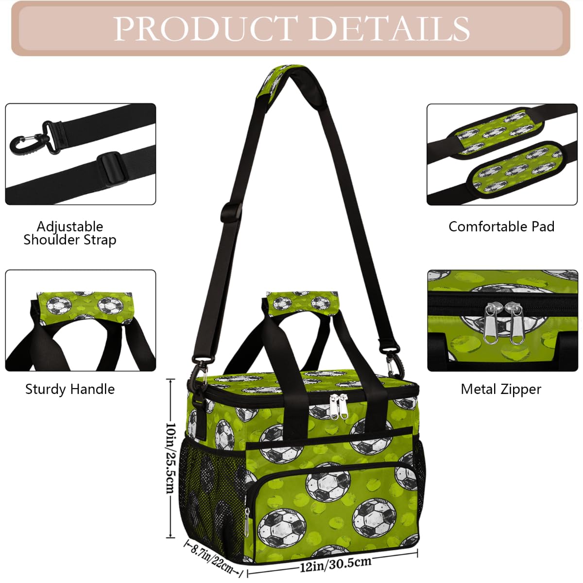 Mexpekil Borsa termica per il pranzo riutilizzabile a prova di perdite, verde, per picnic, picnic, sport, palloni da calcio, borsa termica per donne, uomini, lavoro, campeggio, spiaggia, ufficio, 24