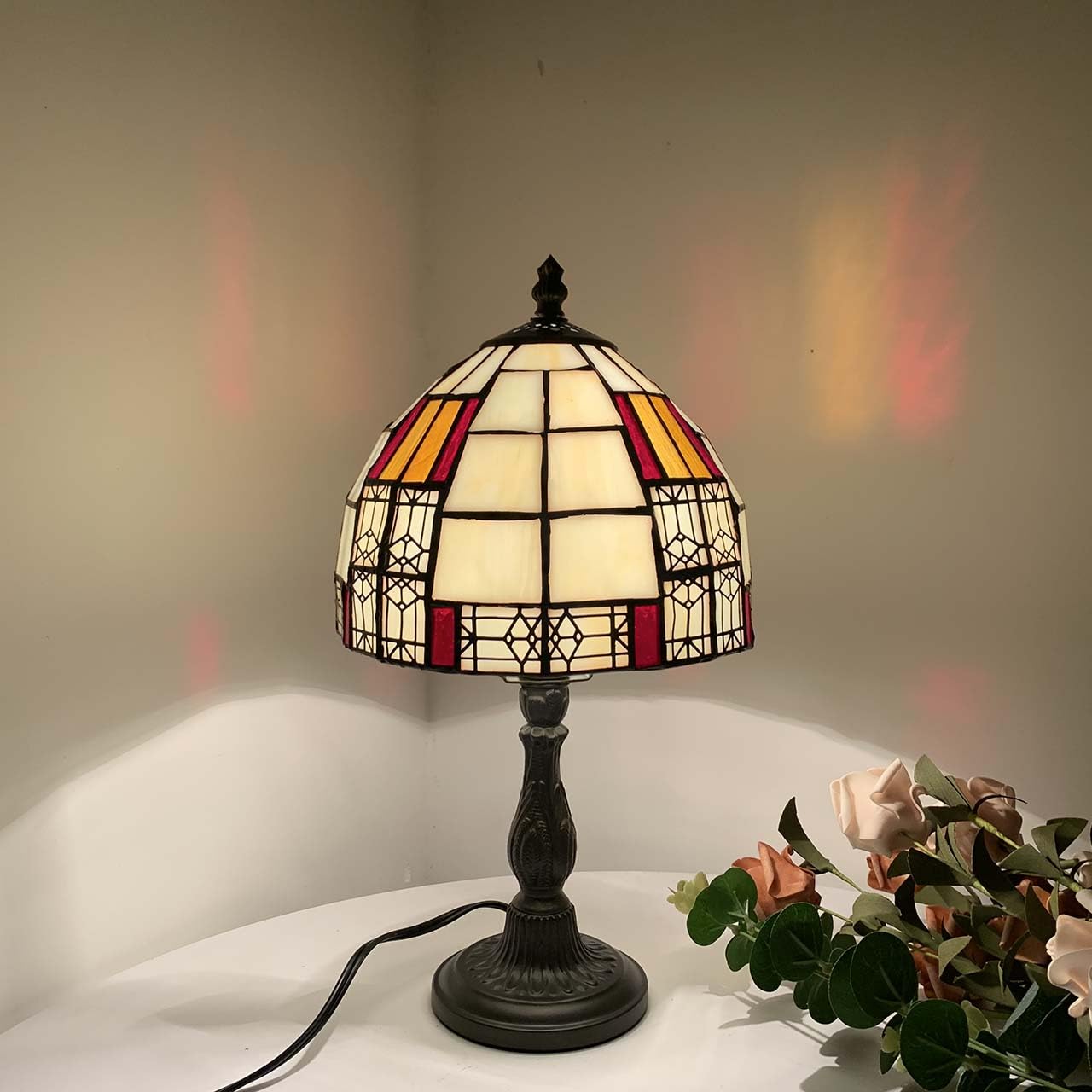 Bieye L10728 Color Block Tiffany Style Stained Glass Table Lamp with 8-inch Wide Lampshade for Bedside Bedroom Living Room 13 H product thumbnail 3