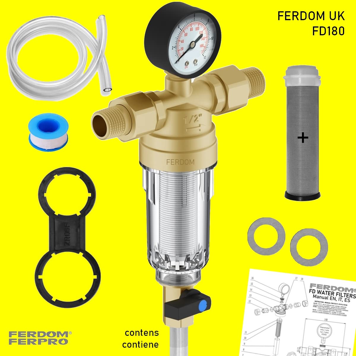 FERDOM FD180 Prefiltro Con Manometro & Extra Maglia. Filtro Dell’acqua Spin-Down Depuratore, Riutilizzabile. Maglia Inox 90 Mic, Con.1/2”(3/4) Flusso max 2,5m3/H. Testa Ottone, Involucro Trasparente.