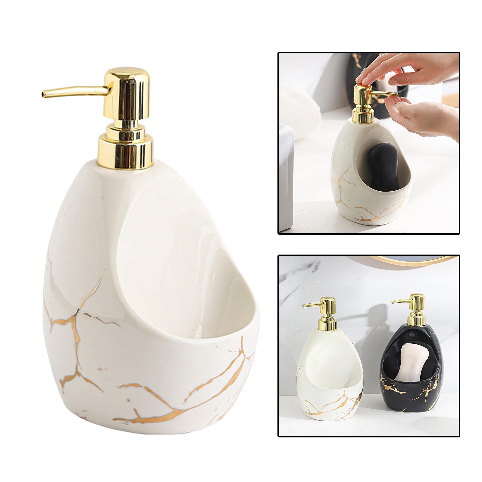 Milageto Dispensador de Jabón de Cerámica con Compartimento Organizador Bomba Manual Y Soporte Esponja Textura Mármol Adecuado para Accesorios Baño Cocina,