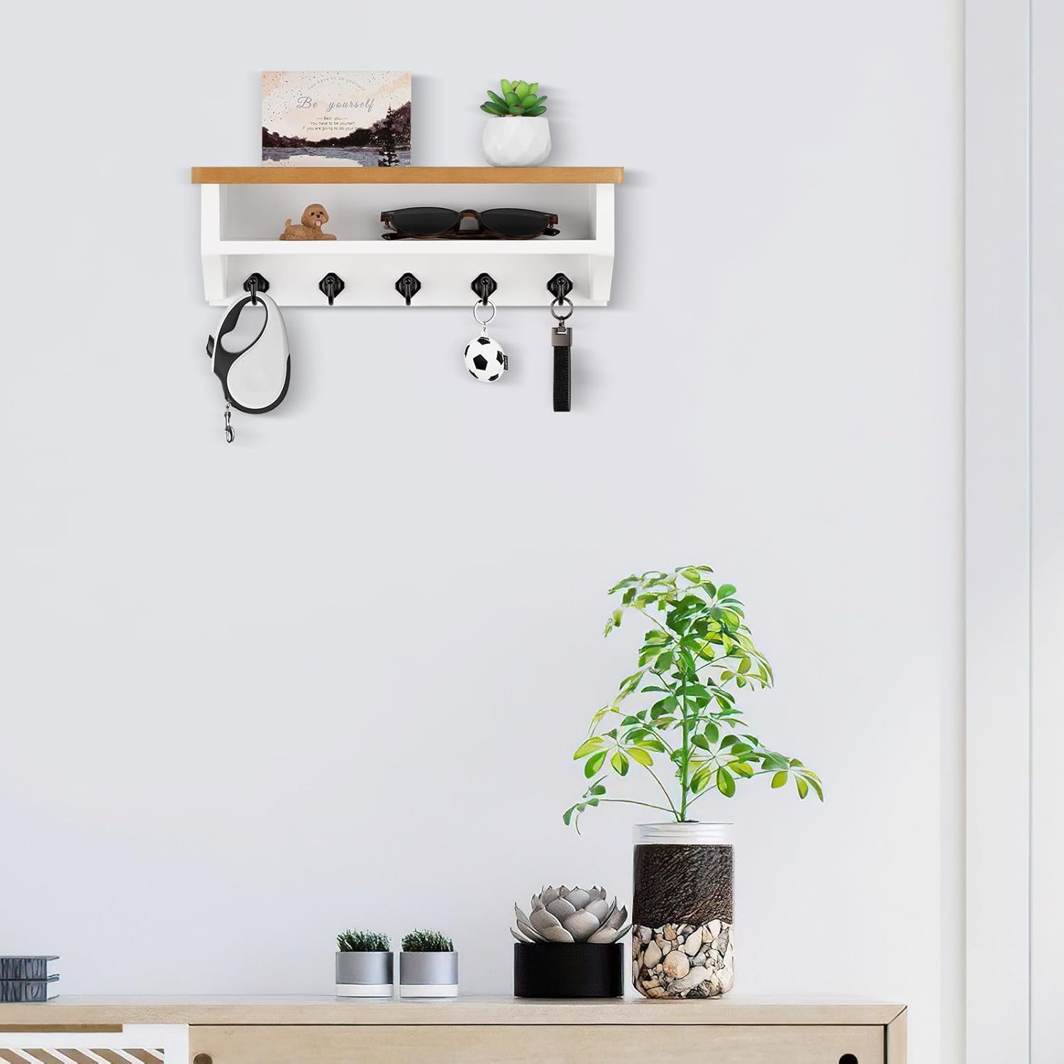 Nekon Key Holder Wall Mount, Wall Organizer Shelf with 5 Key Hooks, Room Decor for Home and Apartment Essentials, Wood and White