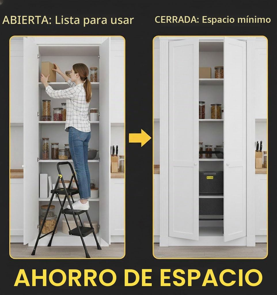 HYTAMA TOOLS Escalera Plegable 3 Peldaños, Estructura de Acero con Pies Antideslizantes, Capacidad de Carga Probada hasta 250kg, Negra