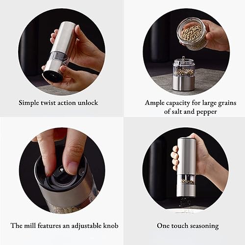 Miniatura 5 de Juego de molinillo eléctrico de sal y pimienta condimento automático de acero inoxidable con molienda ajustable salero recargable de alta capacidad