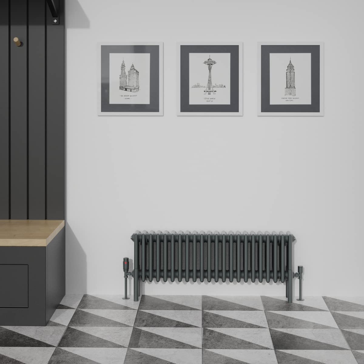Warmehaus Traditional Cast Iron Style Anthracite 4 Column Horizontal Radiator 300x1010mm Central Heating Space Saving Radiators