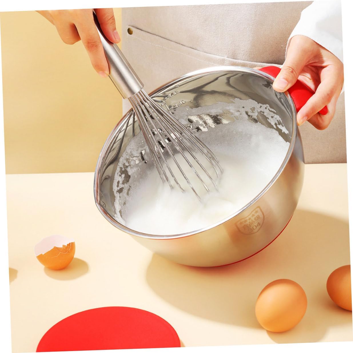 Stainless Steel Salad Mixing Bowls with Red Handle, Silicone Bottom, 18cm 20cm Nesting Kitchen Bowls Set with Lids and Graters for Baking, Dough Mixing, and Food Storage