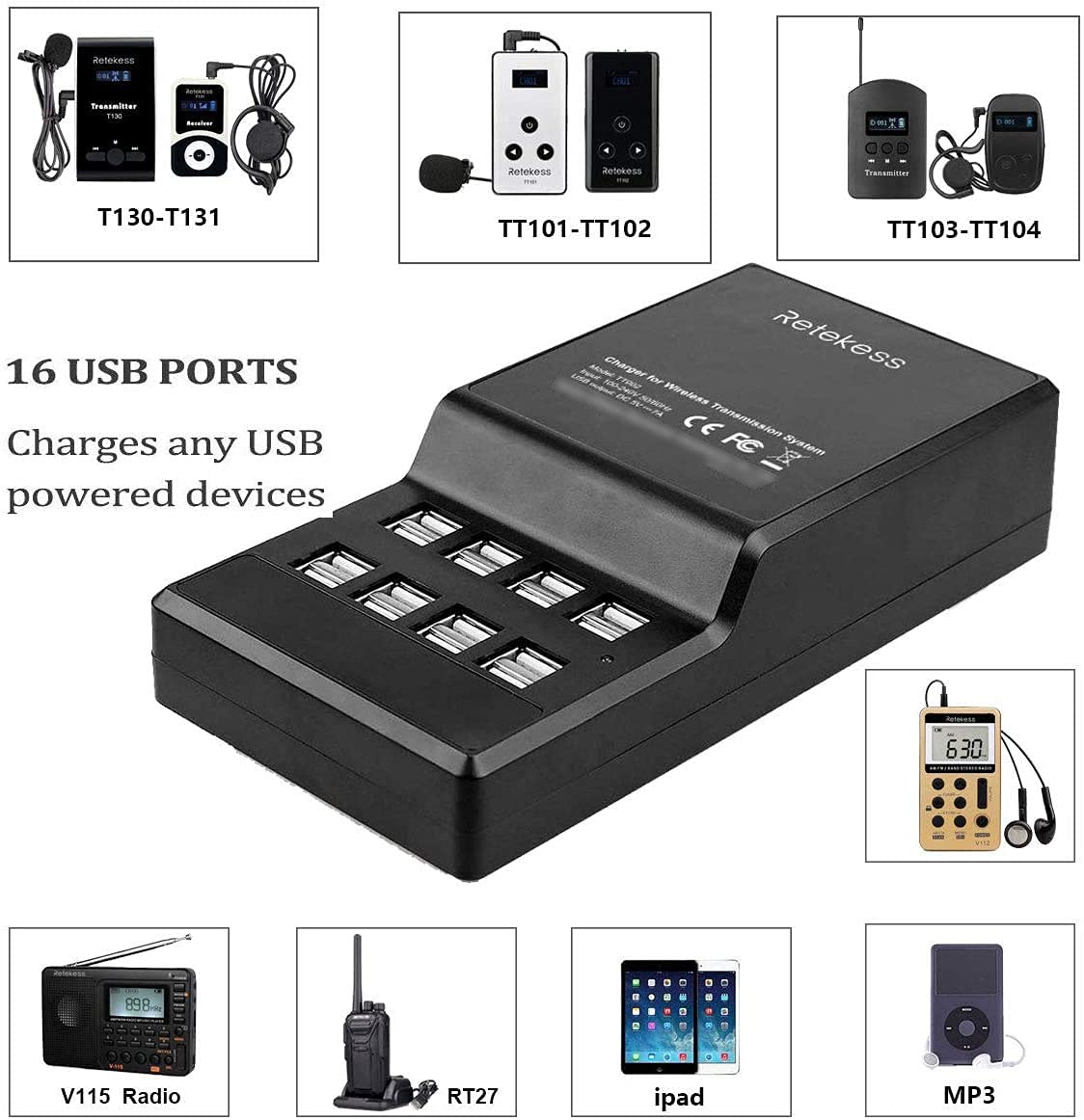 Retekess T130 Station de Charge USB, Portable 16 Ports USB Intelligents pour Système de Guide Touristique sans Fil Retekess T130, T130S, T130P, T130U, TT122, TT105, TT126, TT127, TT106