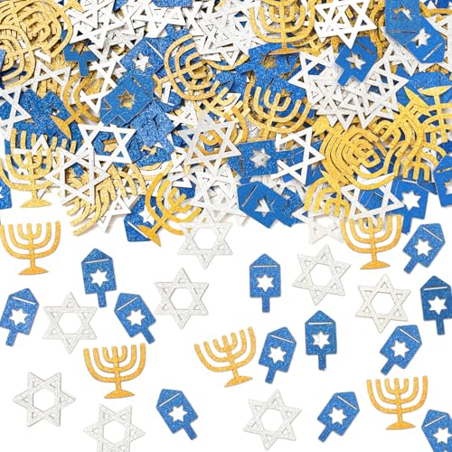 Image of Whaline 300 Pcs Hanukkah Table Confetti Menorah Star Dreidel Shaped Glitter Confetti Blue Gold Silver Table Centerpiece For Chanukah Party Decoration