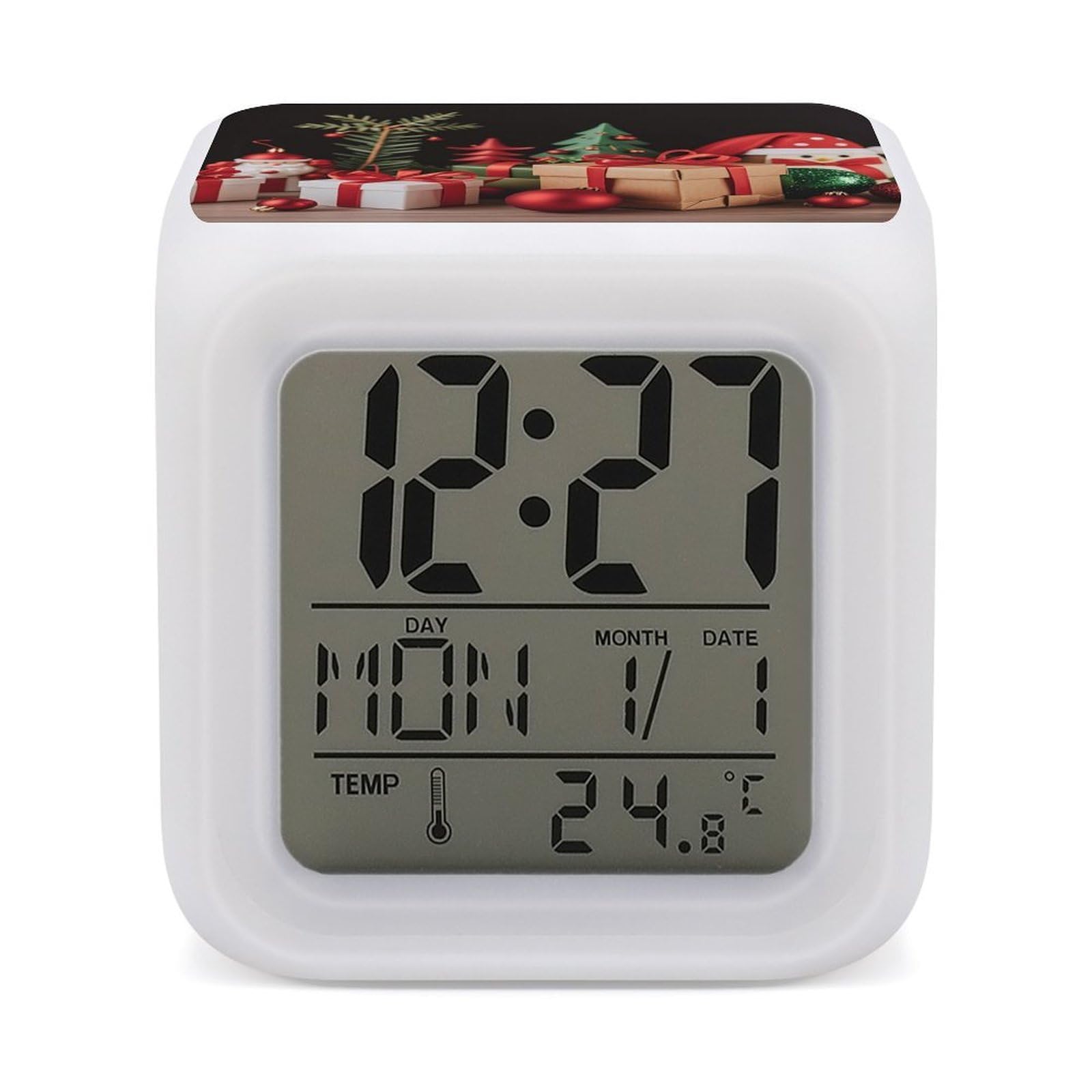 FekiLoot Xmas Decoration Alarm Clock for Heavy Sleepers Small Digital Alarm Clock with Date Temperature Wake Up Digital Clocks with 7 Colors Changing Desk Clocks for Bedroom Bedside Nightstand
