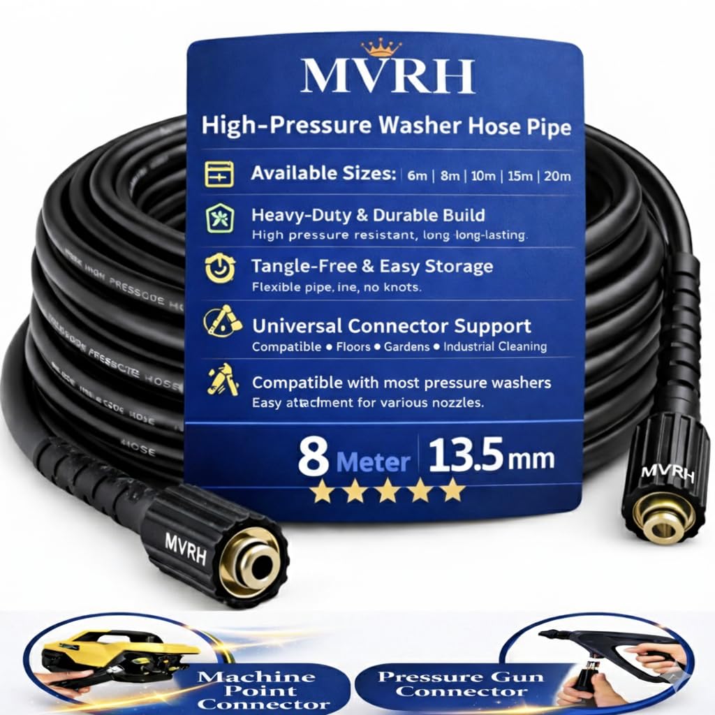 High Pressure Washer Pipe 8 Meter | Steel Braided Heavy Duty Hose | Black Molded Design | Universal Use for Car Washing & AC Cleaning-image-30