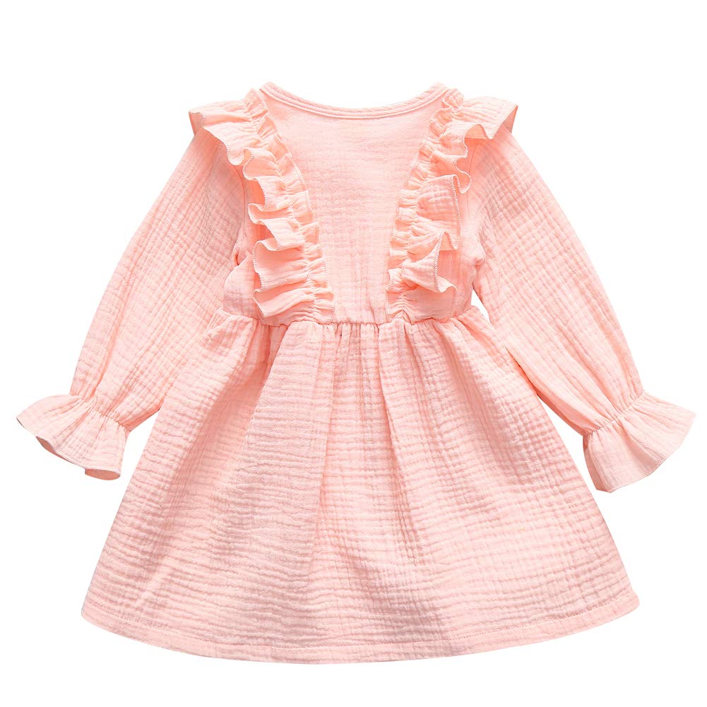 Baby Girls Long Sleeve Cotton Linen Ruffle Dress Solid Color Buttons Princess Dress (Pink, 3-4T)