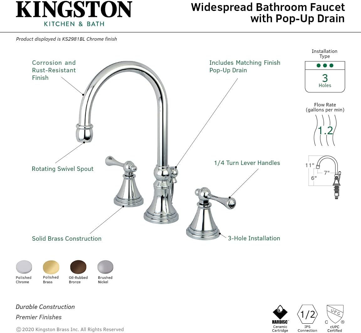 Kingston Brass KS2981BL Governor Widespread Lavatory Faucet with Brass Pop-Up and Metal Lever Handle, Polished Chrome