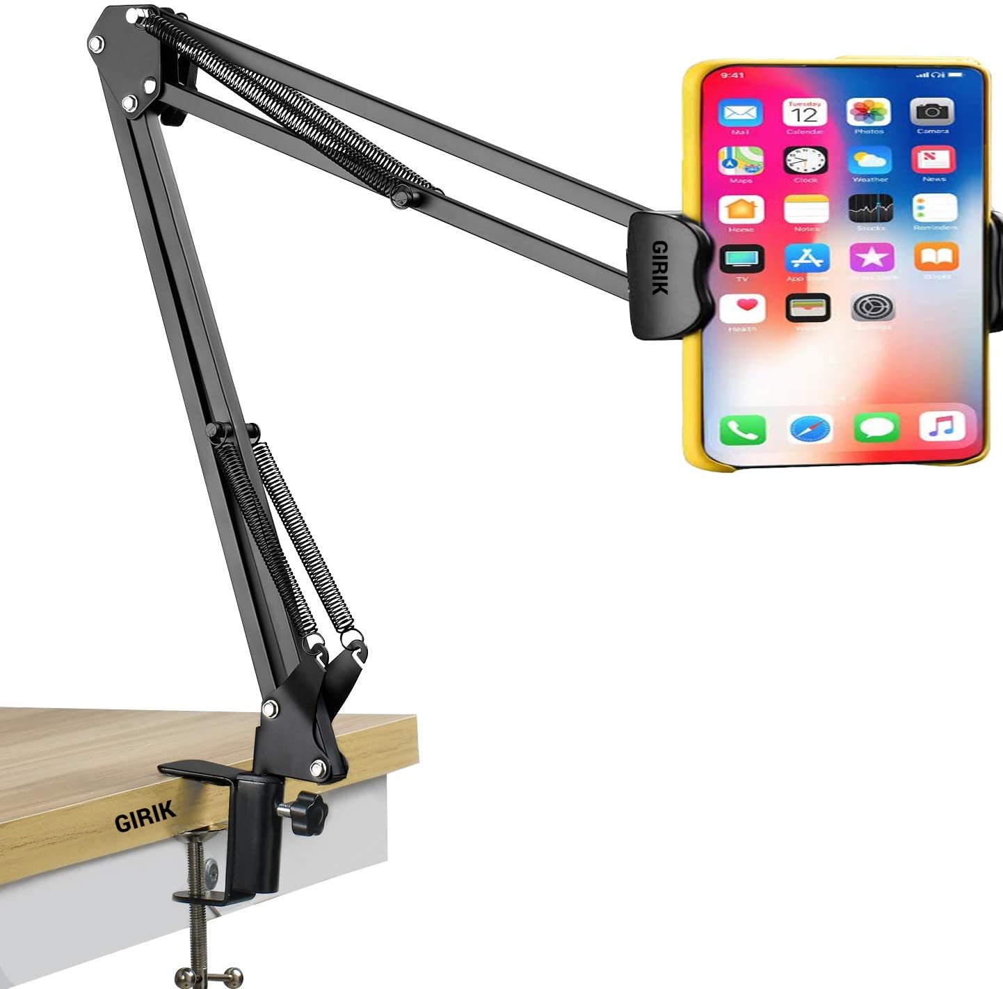 GIRIK Tabletop Overhead Mobile Tablets Holder, 360° Rotation Universal Phone Clip Holder Clamp