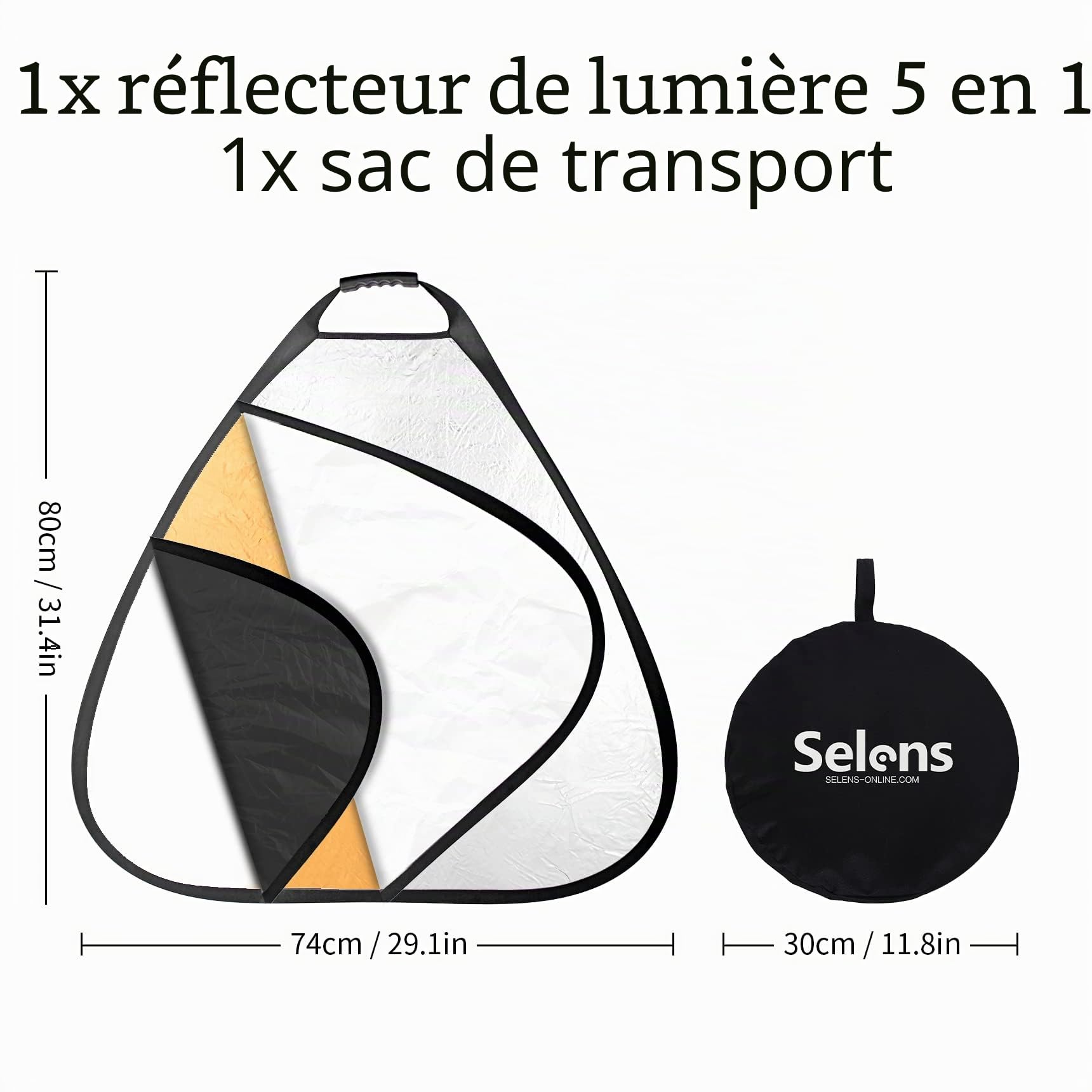 Selens Réflecteur 5 en 1, Triangulaire, 80 cm, Portable, Pliable | doréargenté, blanc, noir, transparent, avec sac de transport, pour portrait, studio photo, vidéo