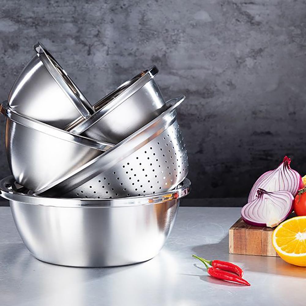 Juego de 4 cuencos de acero inoxidable y coladores microporosos, cuencos anidables de 3 cuartos y 5 cuartos de galón con coladores de drenaje fino para lavar arroz, frutas, verduras, pasta y más 5