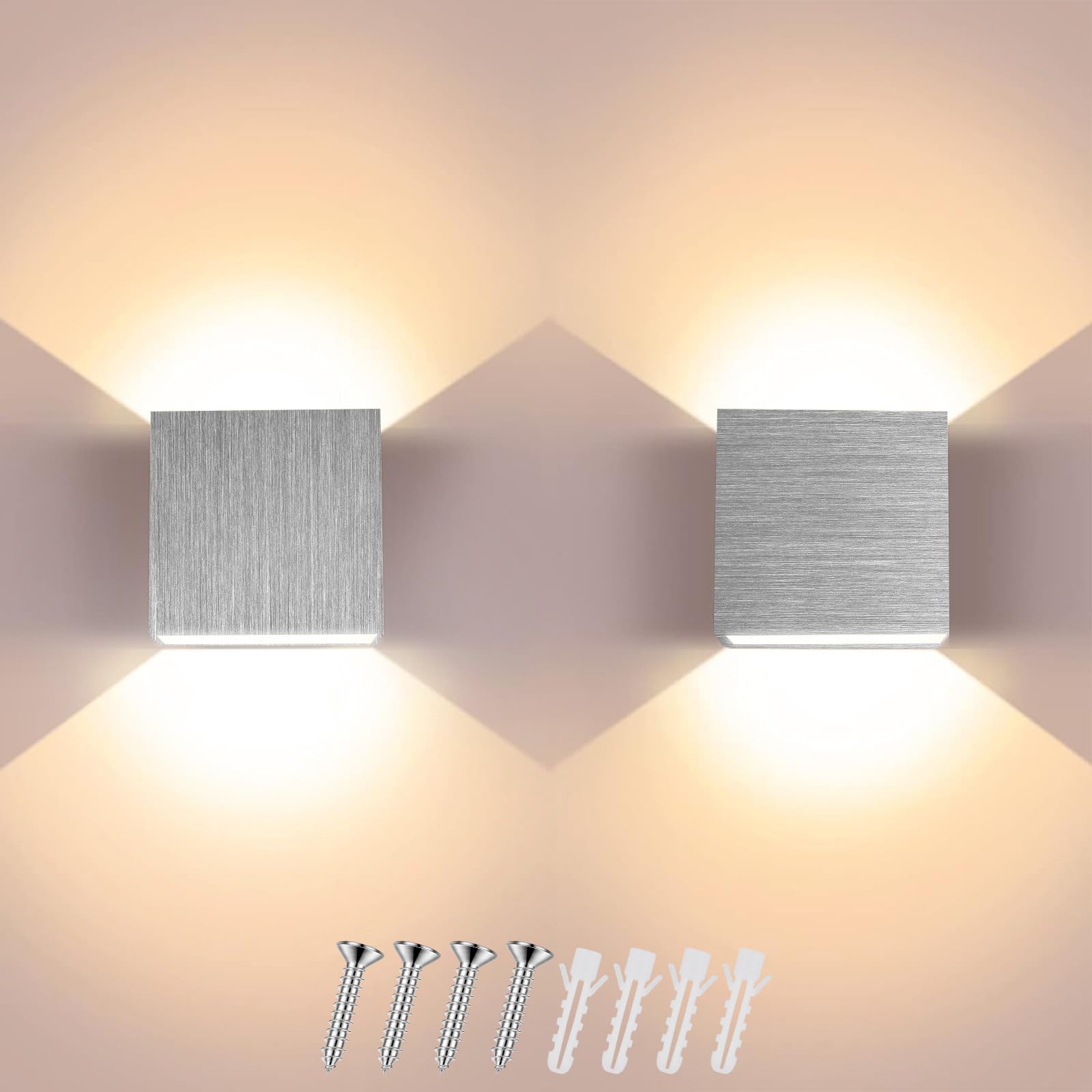 Svitzoot 2 Piezas Aplique LED de Pared Interior Moderna 7W Plateado Decorativo Blanco Cálido 3000K Lámpara para Dormitorio Pasillo Escaleras