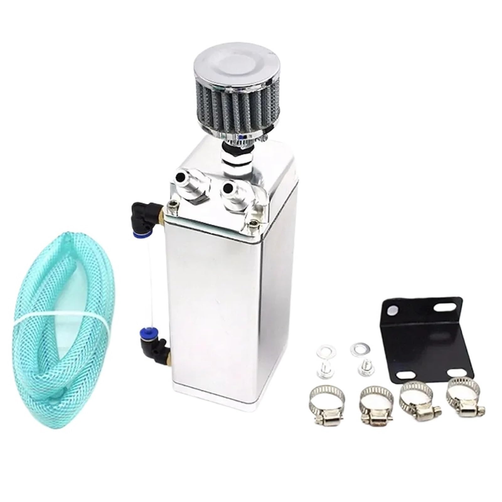 Lata de captura aceite con forma motor coche, depósito tanque aluminio cuadrado 2 puertos filtro aire y accesorios manguera silicona(C)