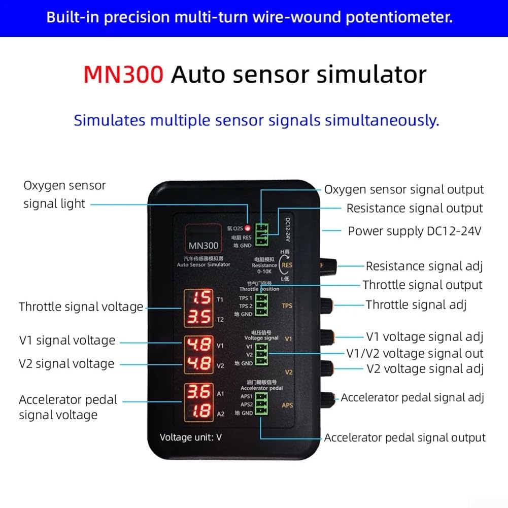 Eawfgtuw Simulador de sensor automotriz MN300 con simulación de señal de voltaje, resistencia y oxígeno para pruebas de diagnóstico de coche, TPS de doble canal, refrigerante