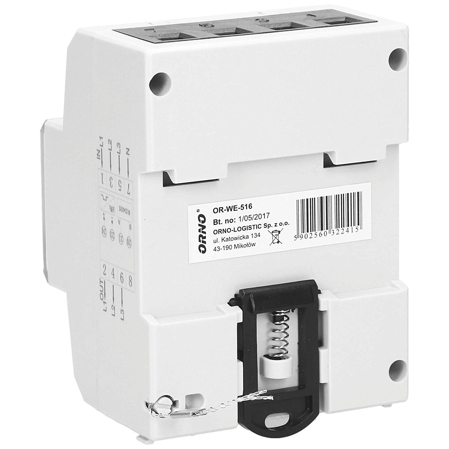 ORNO OR-WE-516 licznik prądu, szyna montażowa, 3-fazowy wskaźnik zużycia energii z certyfikatem MID, protokół komunikacyjny Modbus, 0,25 A – 80 A, 3 x 230 V/400 V, 50/60 Hz, 1000 imp/kWh