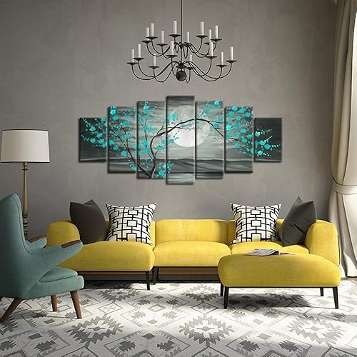 Miniatura 2 de KREATIVE ARTS 7 paneles de impresiones en lienzo florales grises y verde azulado con marco de árbol de ciruelo en flor, pintura al óleo impresa en