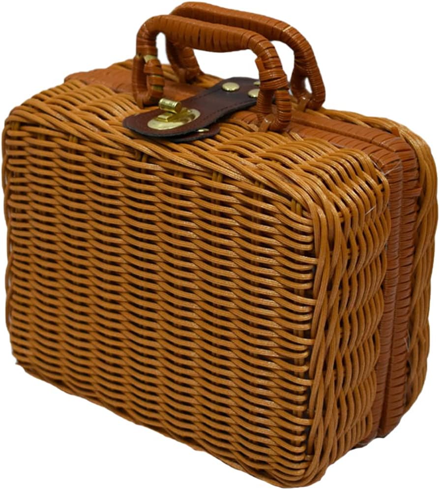 Picnic Basket with Liner Rattan Storage Basket Vintage Rattan Handbag Rustic Picnic Makeup Storage Case for Camping, Wedding, Summer Party