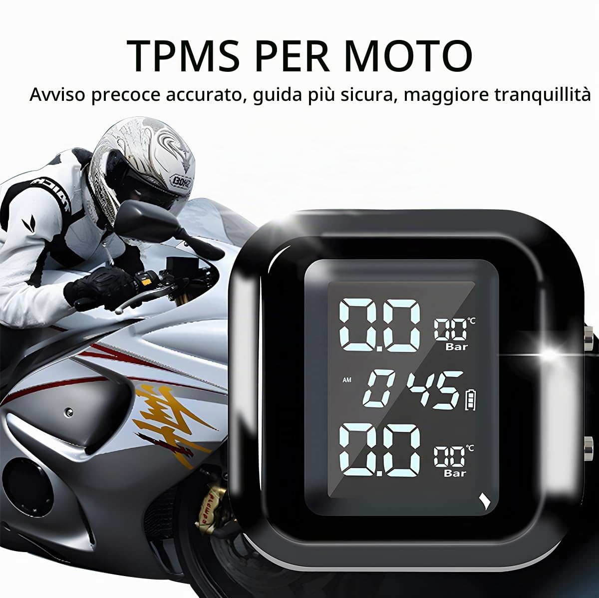 CGEAMDY Motorcycle TPMS Sistema di Monitoraggio Pressione dei Pneumatici, Monitor Pressione Pneumatici Moto, Allarme Pressione Pneumatici Temperatura Monitor in Tempo Reale per Moto Due Ruote