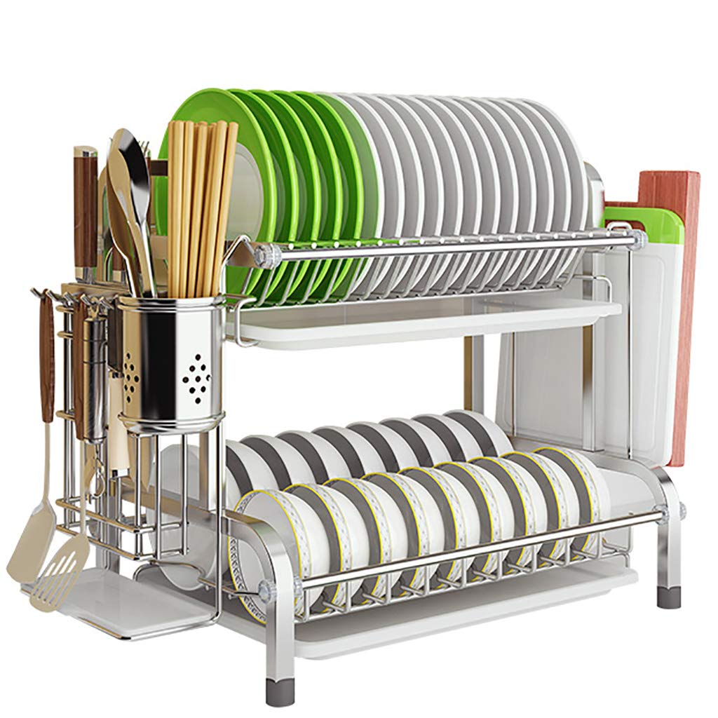 Dish Drainers 2-Tier Dish Racks For Counter,Stainless Steel Dish Drying Rack With Drain Board,Utensils Cage,Cookware Rack,Cutting Board Rack Dish Drainers,57.5cm × 25.5,57.5cm × 25.5cm × 39cm